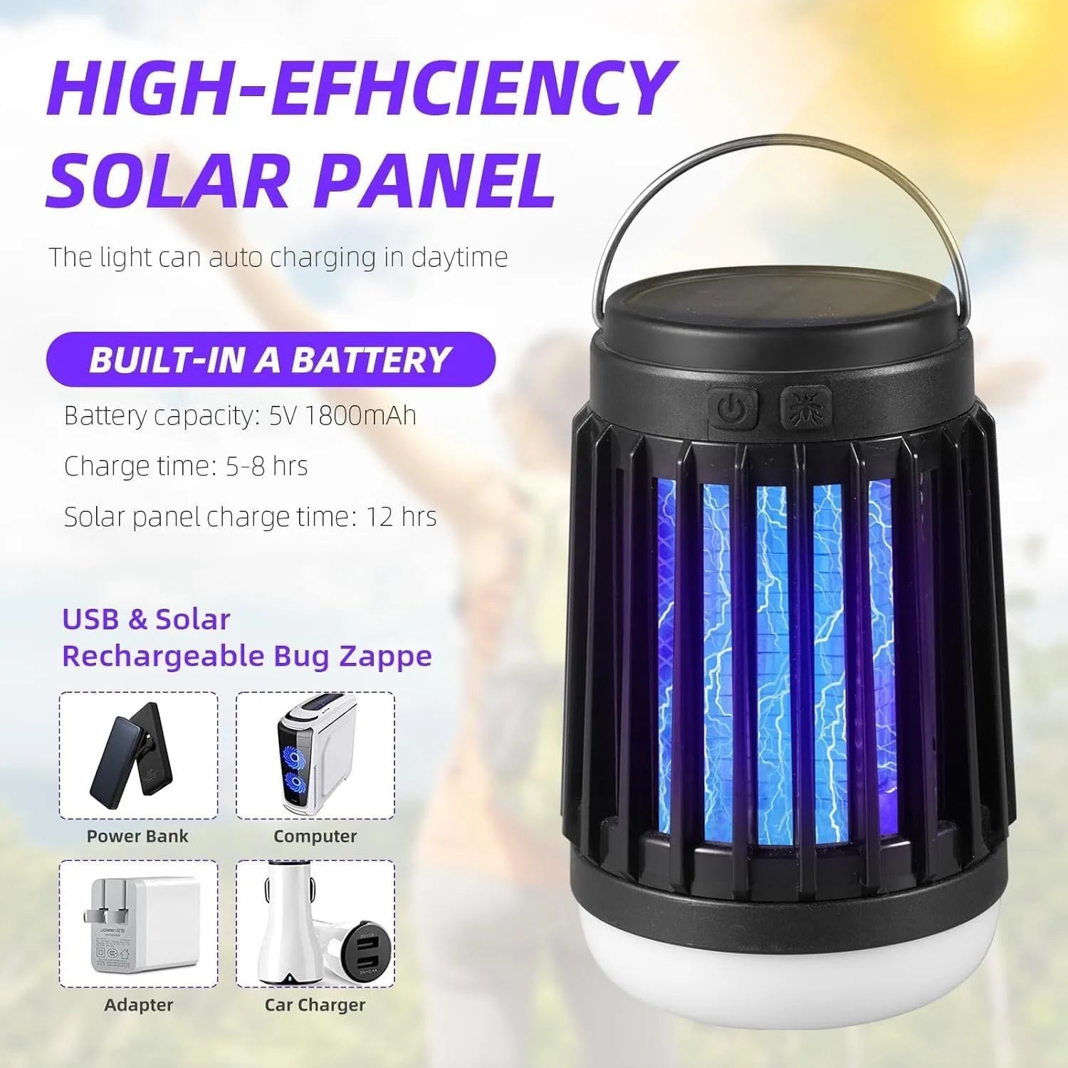 3-in-1 Cordless Solar Bug Zapper Light for Patio, Home & Camping